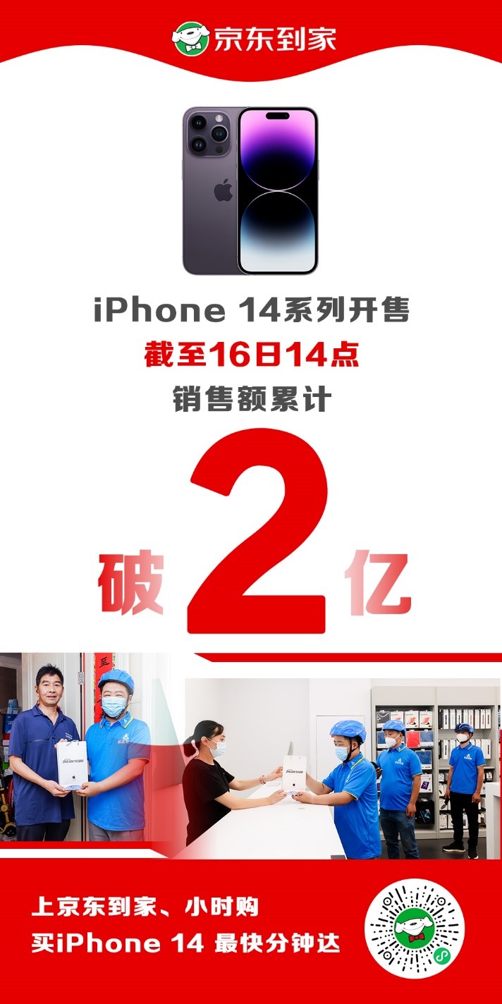 新机最快分钟达，京东到家iPhone 14系列截至开售当天14点销售额累计破2亿