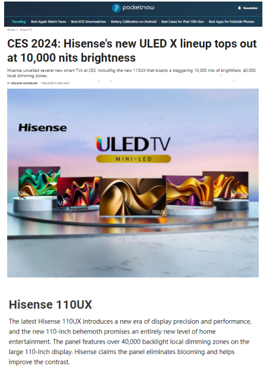 最强Mini LED电视！全球媒体聚焦海信电视UX，CES2024获16项大奖