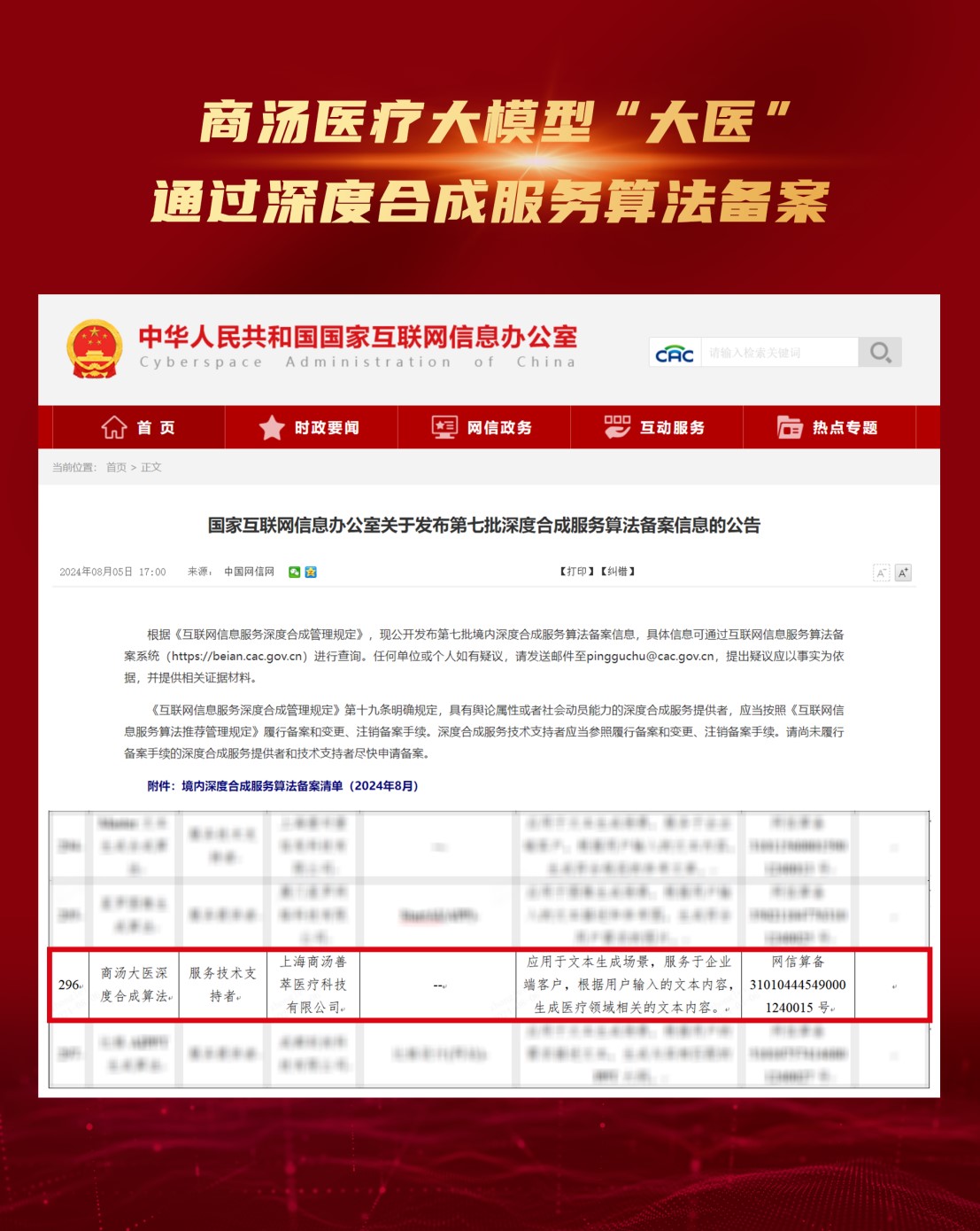 商汤医疗大模型“大医”通过国家网信办算法备案！