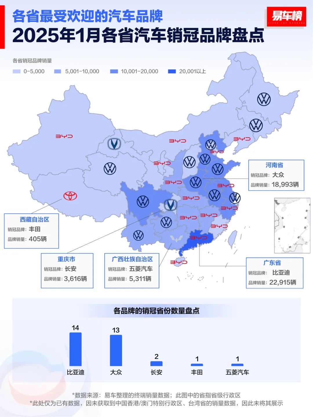  汽车品牌和车型1月销量大PK，比亚迪、大众各领先十余省 